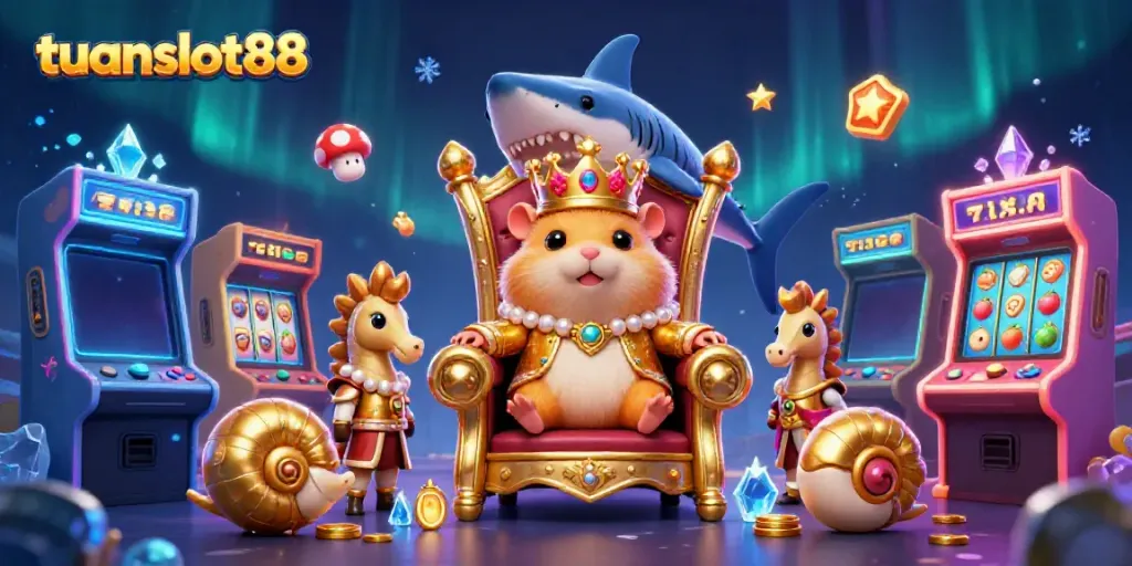 Tuanslot88 menghidupkan permainan slot dengan gambar raja hamster emas di atas kursi gigi hiu.