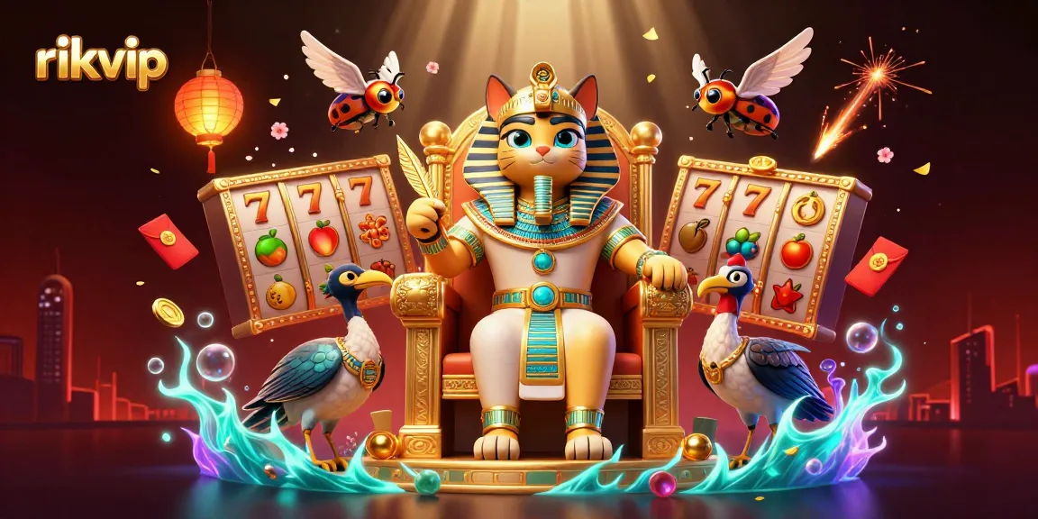 Experience the excitement of rikvip with a vibrant 3D casino scene featuring slot reels and a dazzling Pharaoh cat.