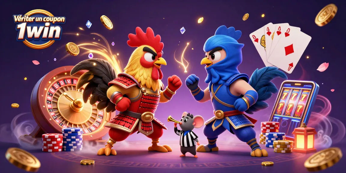 Vérifier un coupon 1win avec des combattants en combat et des éléments de casino enthousiastes.