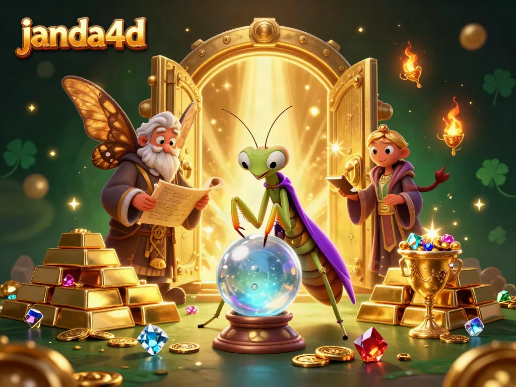 Menangkan permainan janda4d dengan gambar ilustrasi 3D menarik yang menampilkan karakter kasino dan harta karun.