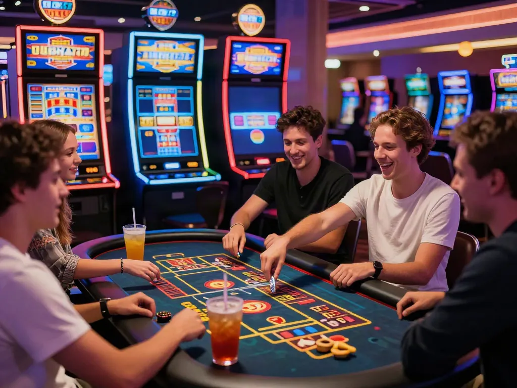 Friends celebrating at a Lucky777 casino table amidst vibrant lights and excitement.
