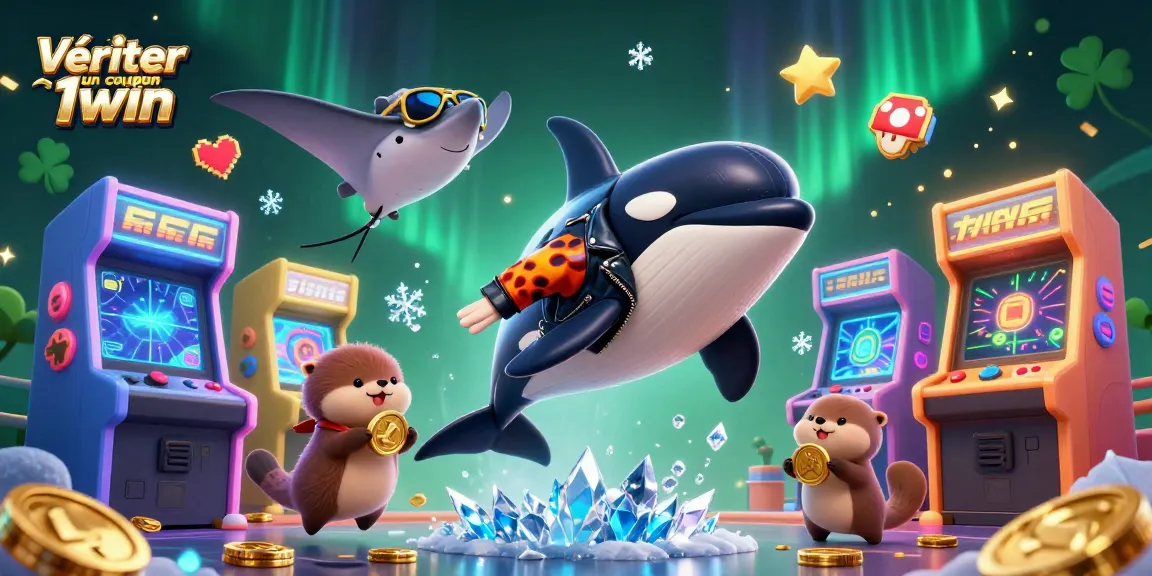 Vérifier un coupon 1win efficacement avec des éléments de jeu et personnages animés dans une scène dynamique