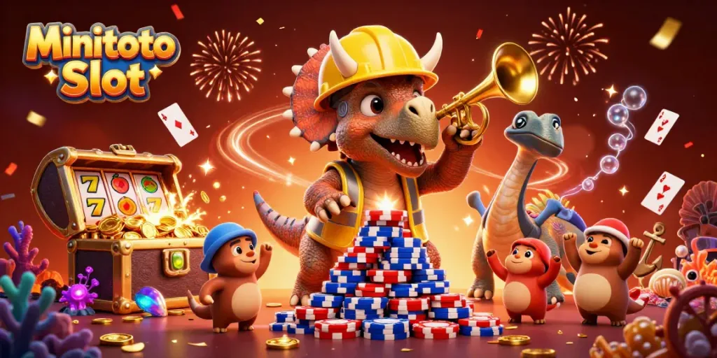 Gambarlah Minitoto Slot dengan triceratops dan slot mesin dalam perayaan kemenangan kasino
