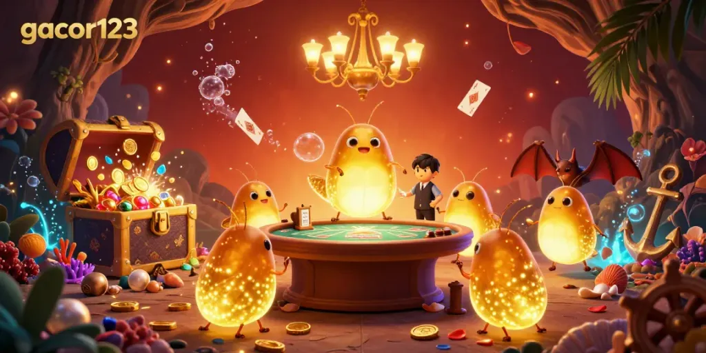 Engage in thrilling gameplay with gacor123 at this vibrant cave casino lit by glowworms.