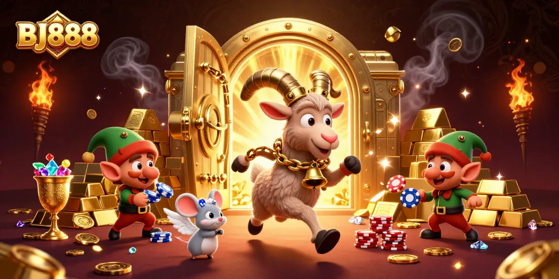 BJ888 highlights a festive scene with Krampus, an angel mouse, and elf gremlins in a vibrant casino.