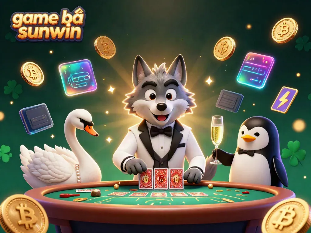Engage in thrilling game bài sunwin visuals featuring a debonair wolf at baccarat with elegant peers, crypto elements abound.