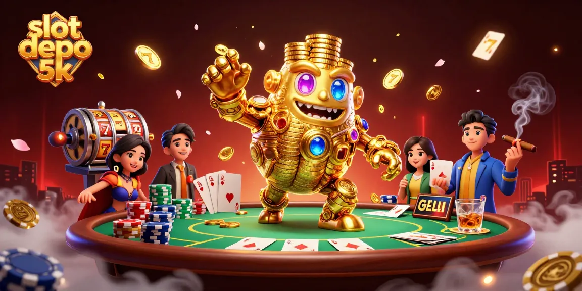 Spin the reel and win big with slot depo 5k, featuring a golden golem and vibrant casino elements.