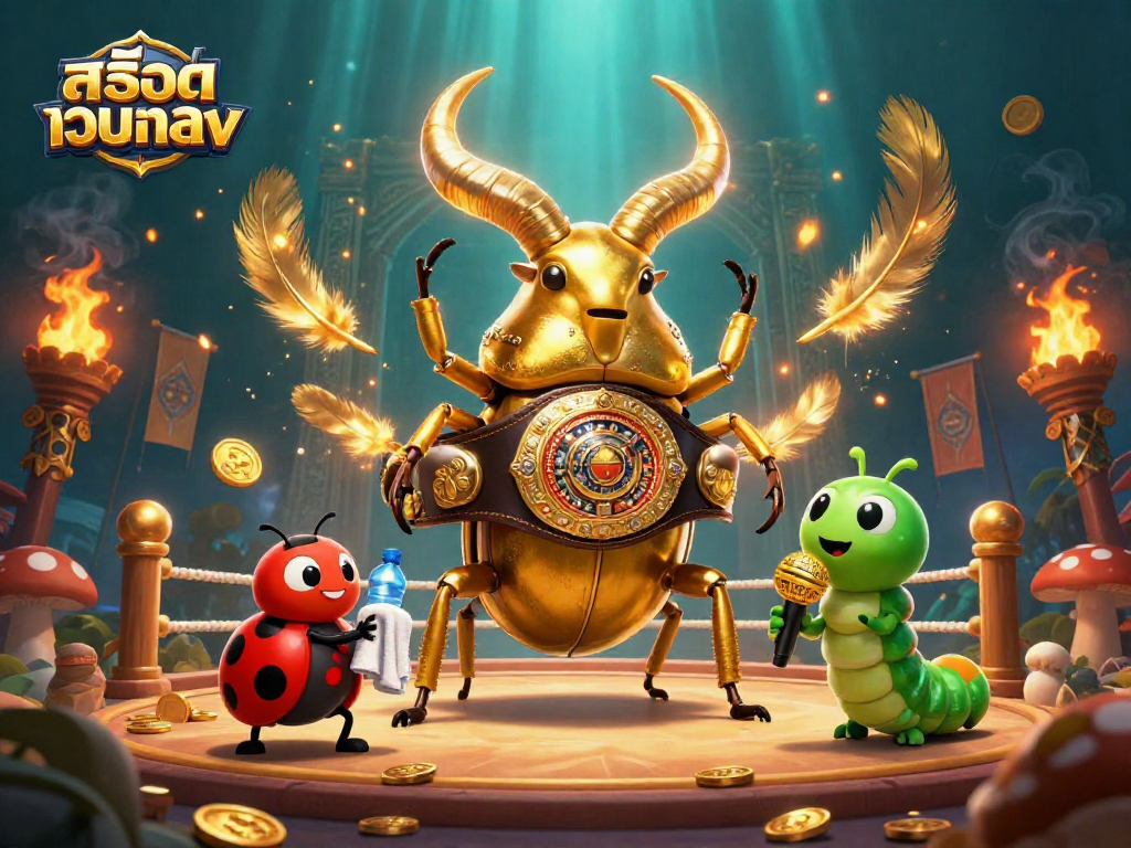 Experience สล็อตเว็บตรง in action with a vibrant 3D illustration showing a golden stag beetle champion and engaging casino elements.