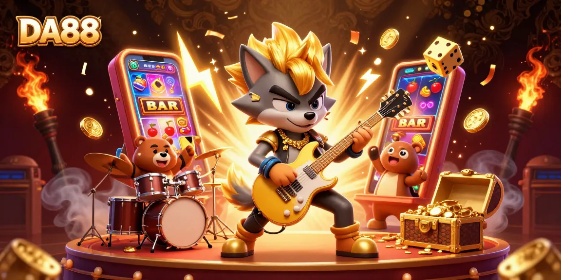 Experience thrilling gameplay at DA88 with a vibrant 3D casino illustration of lively characters.