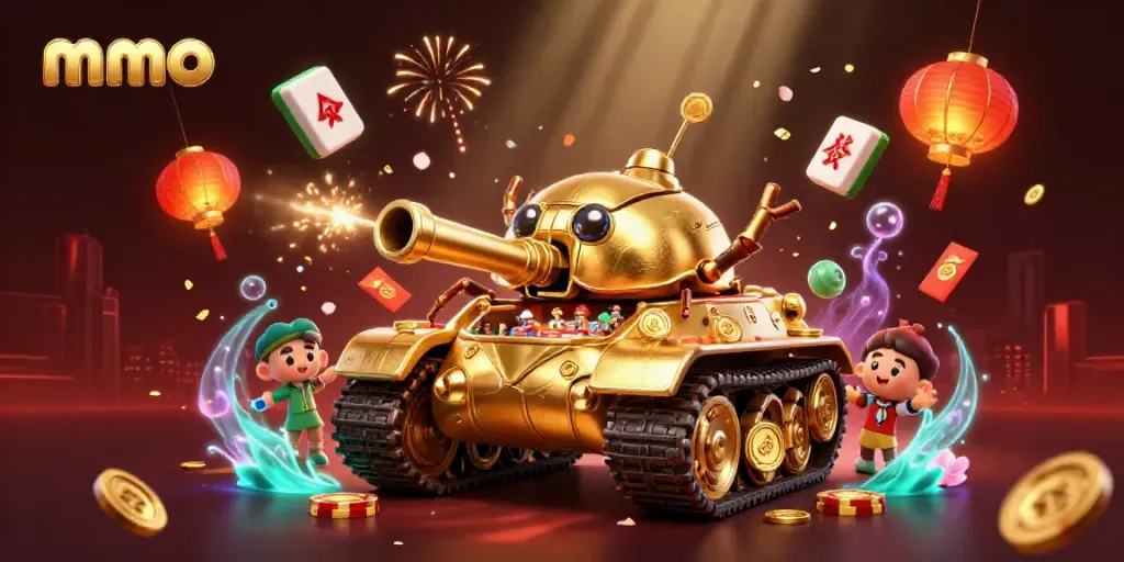 Experience mmoo's vibrant casino world with a golden beetle tank and dynamic game elements.