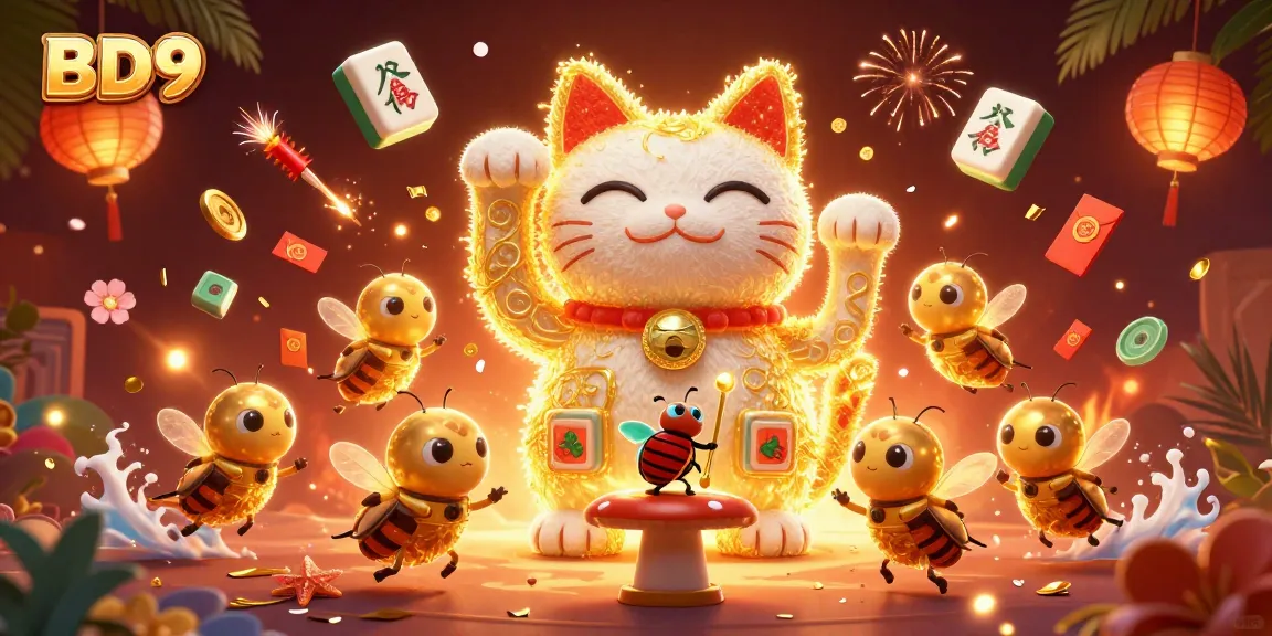 Engage with BD9's thrilling online gaming experience showcasing a vibrant lucky cat and casino symbols.