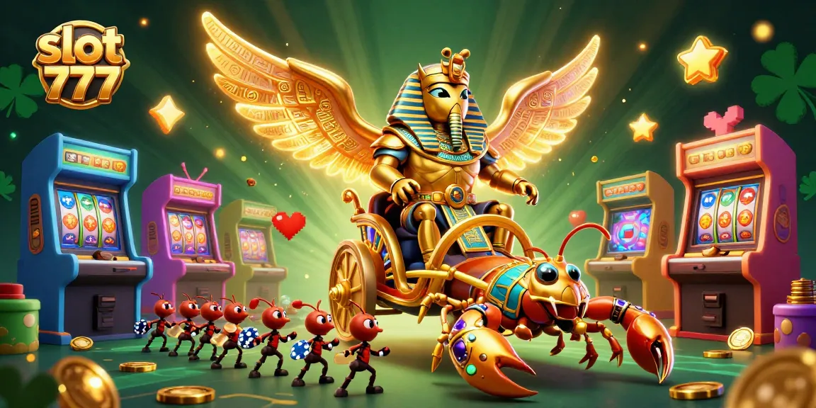 Engage in dynamic gaming with slot 777 featuring a golden beetle and colorful arcade elements.