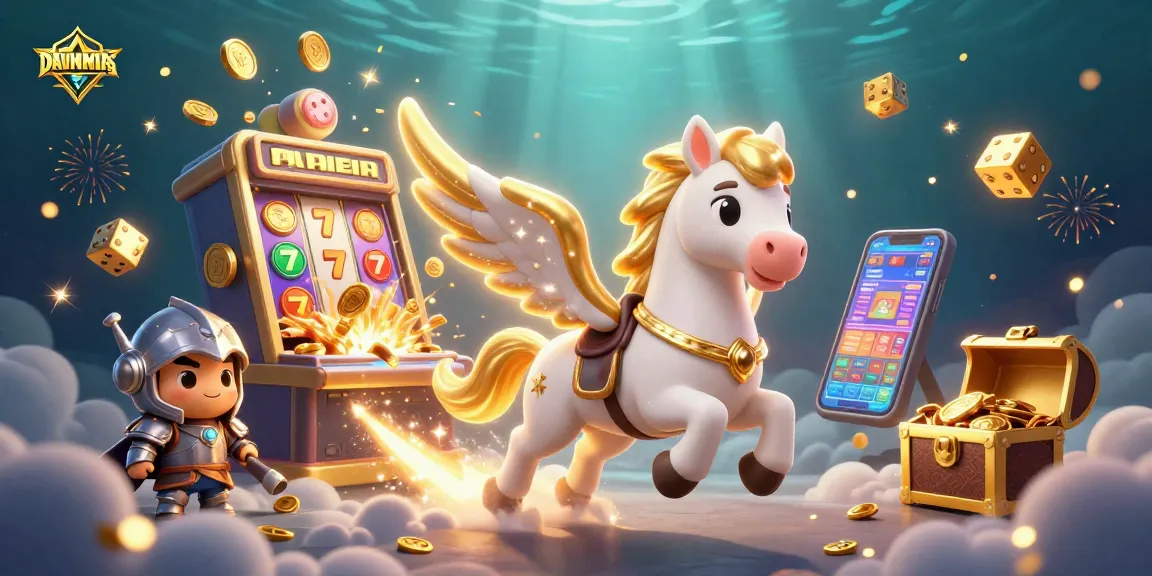 Experience the thrilling DAUNEMAS casino action with a vibrant 3D scene of animated games and characters.