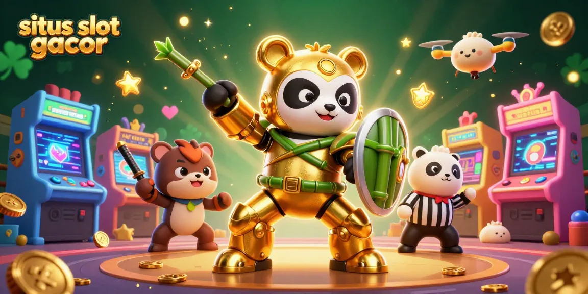 Situs slot gacor menghadirkan gambar ilustratif 3D dengan panda emas mengemudikan robot, meramaikan permainan slot.