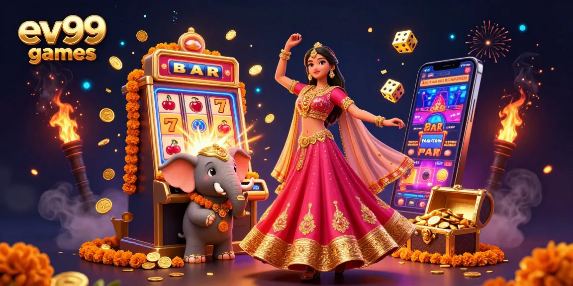 Engage with ev99 games as a beautiful Asian woman celebrates a jackpot win amid dazzling casino elements.