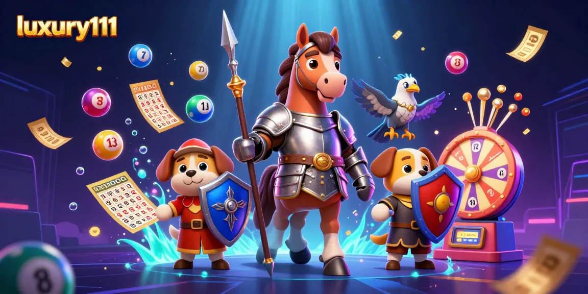 Engage with luxury111's dynamic gaming experience featuring vibrant lottery elements and playful characters.