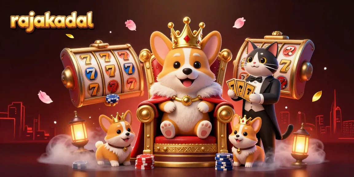 Berjudi di rajakadal dengan corgi raja yang dikelilingi simbol permainan slot berkilauan dan elemen keberuntungan