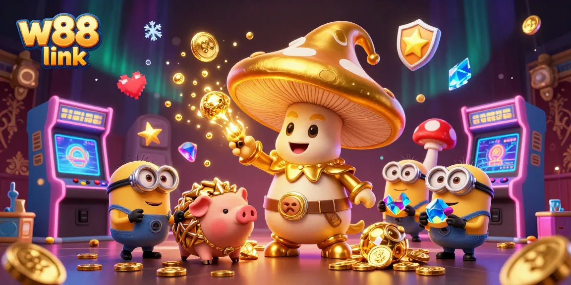Experience the excitement of w88 link with a golden wizard, treasure-hunting pig, and gemstones in a casino-themed scene.