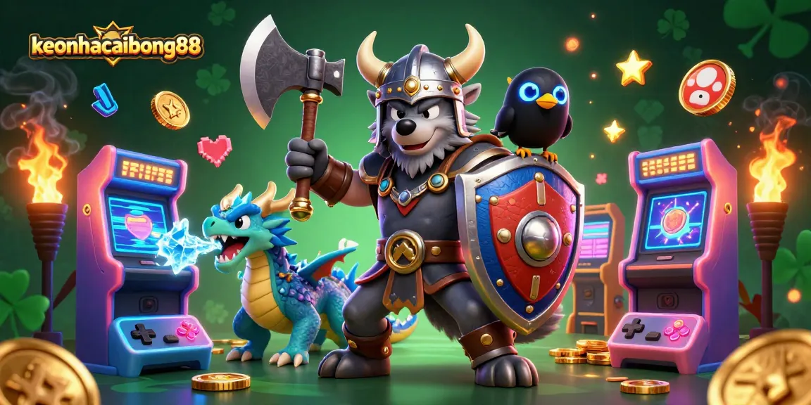 Engage with keonhacaibong88 in this vibrant 3D casino illustration featuring cartoon Viking warriors and game elements.