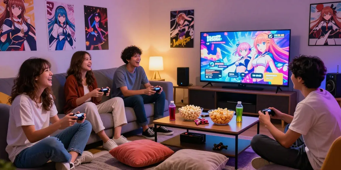 Friends enjoying a hentai game night in a cozy living room with gaming controllers and snacks.