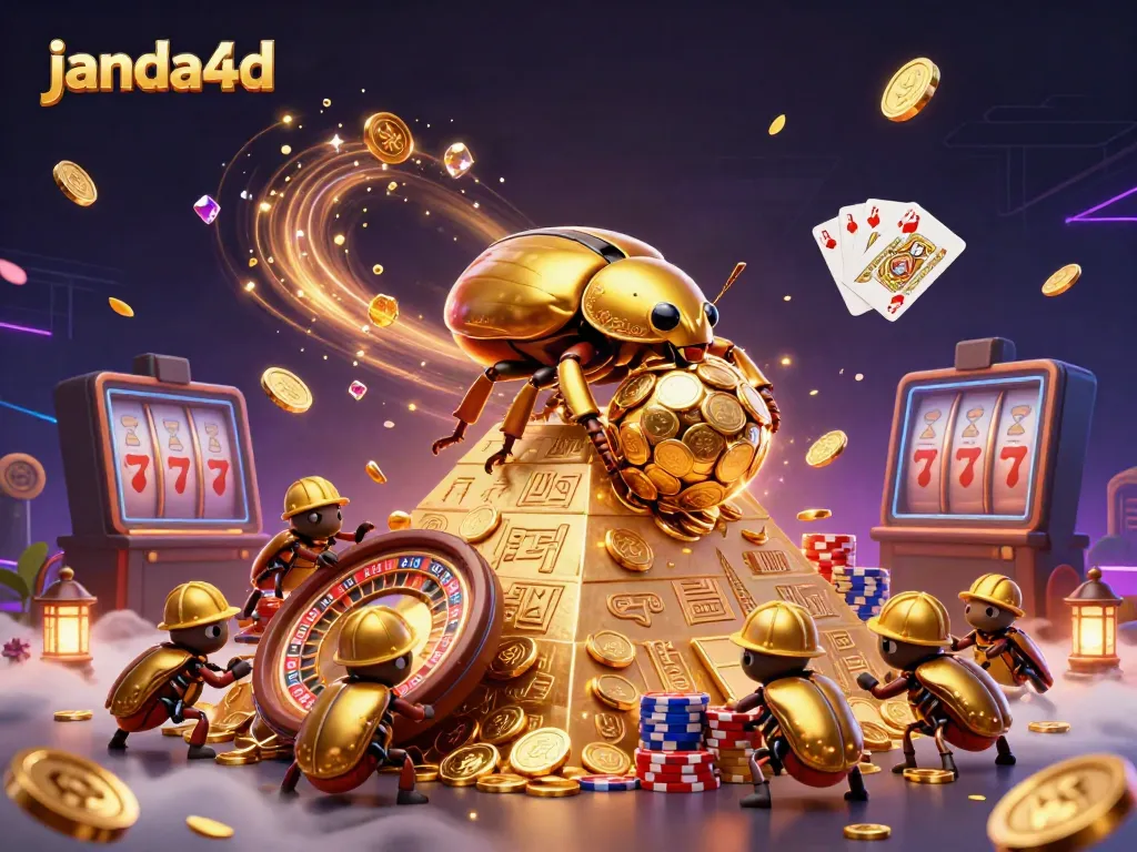 Ilustrasi 3D janda4d dengan kumbang emas raksasa dan simbol-simbol kasino