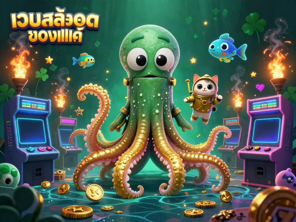 ภาพคาสิโน 3D สดใสที่แสดงถึงเว็บสล็อตของแท้ กับ Kraken, แมวดำน้ำ และปลาสว่าง
