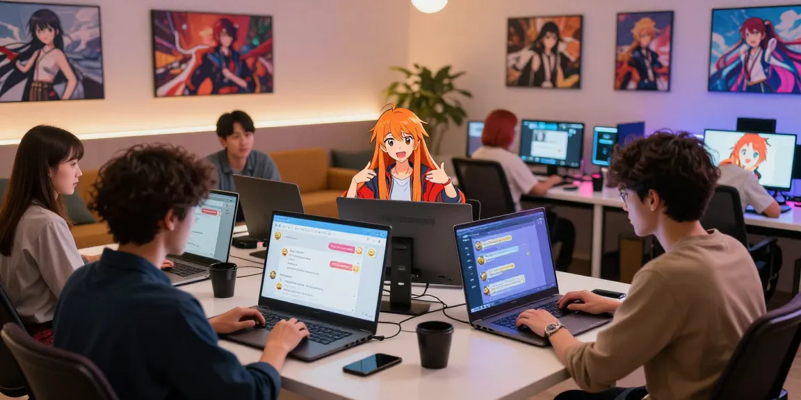 Vibrant scene of diverse individuals engaging in lively hentai chat with animated AI characters in a modern digital lounge.