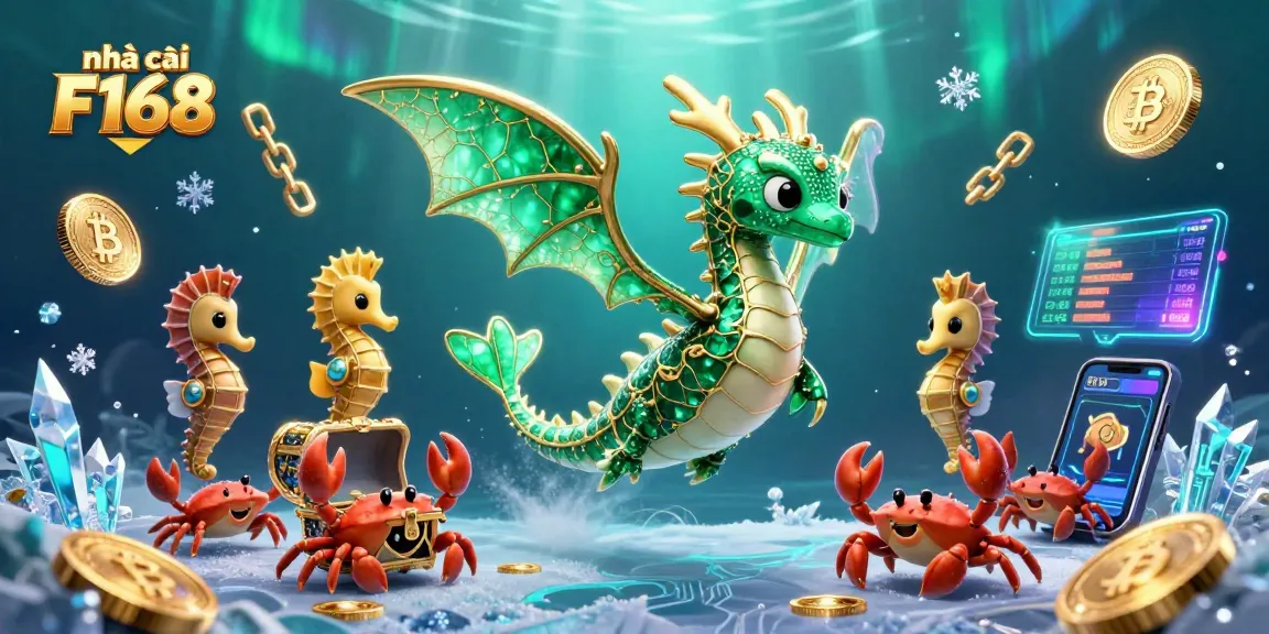 Experience the excitement at nhà cái F168 with a stunning underwater scene featuring a mystical sea dragon and treasure.