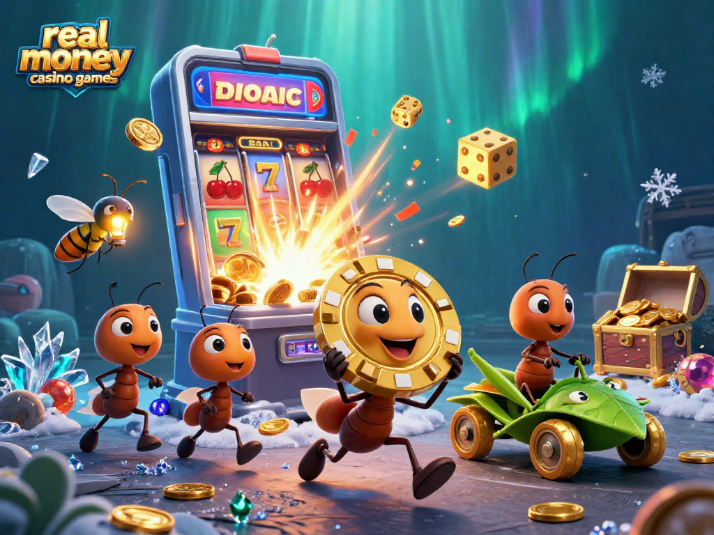 Experience exciting real money casino games with ants heisting a giant poker chip amidst casino elements.