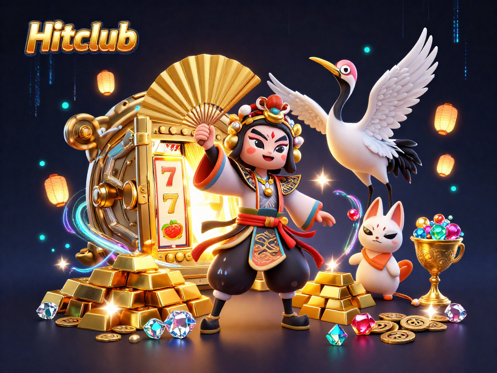 Engage in Hitclub with striking kabuki warriors, slot reels, and treasures in vibrant 3D art.