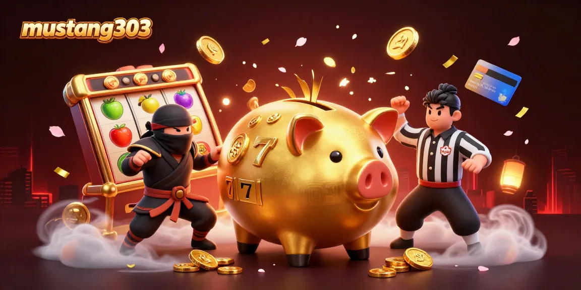 Engage with mustang303's vibrant casino world as a golden piggy bank sumo wrestles among golden coins and slot reels.