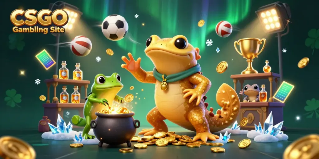 Experience thrilling moments at a CSGO Gambling Site with gold coins, sports elements, and a vibrant fantasy scene.