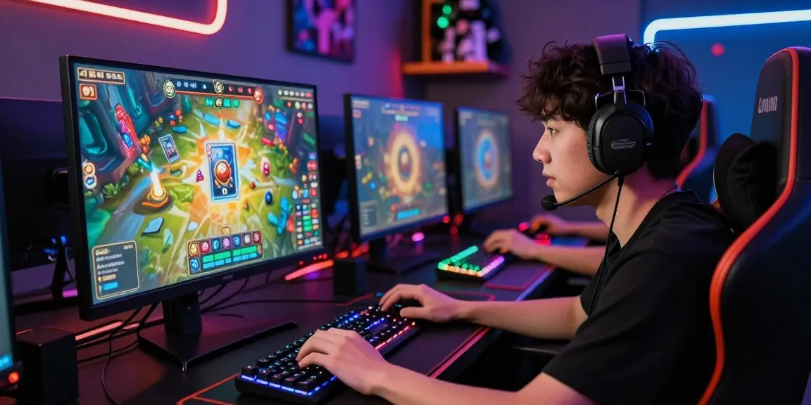 Player immersed in Sunwin card game, vibrant graphics on large monitor, dynamic electronic gaming atmosphere.