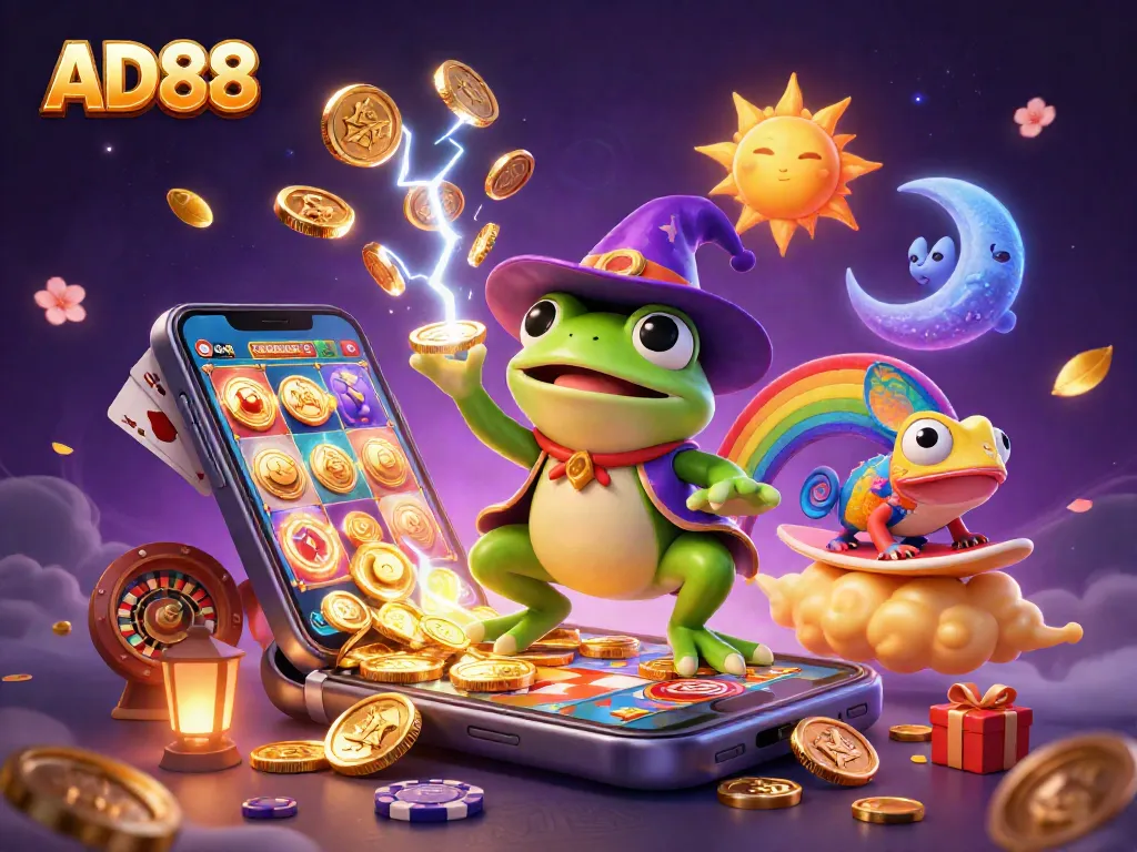 Engage with AD88 in this vibrant casino scene filled with golden coins, slots, and dynamic characters.