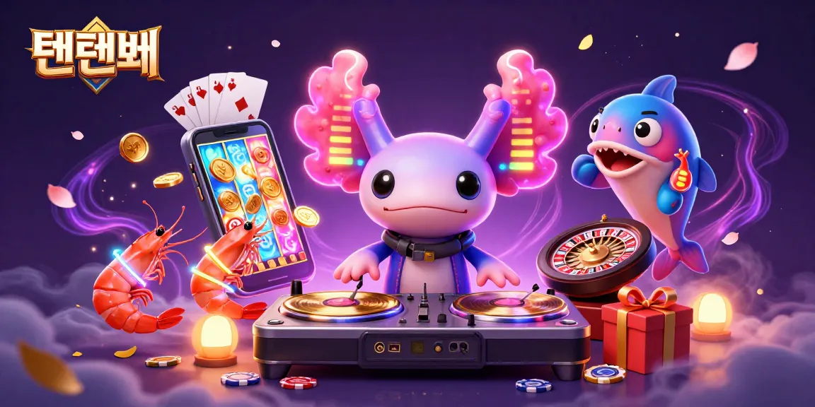 Engage with thrilling 텐텐벳 casino vibes through a vibrant 3D illustration showing a DJ axolotl and friends.