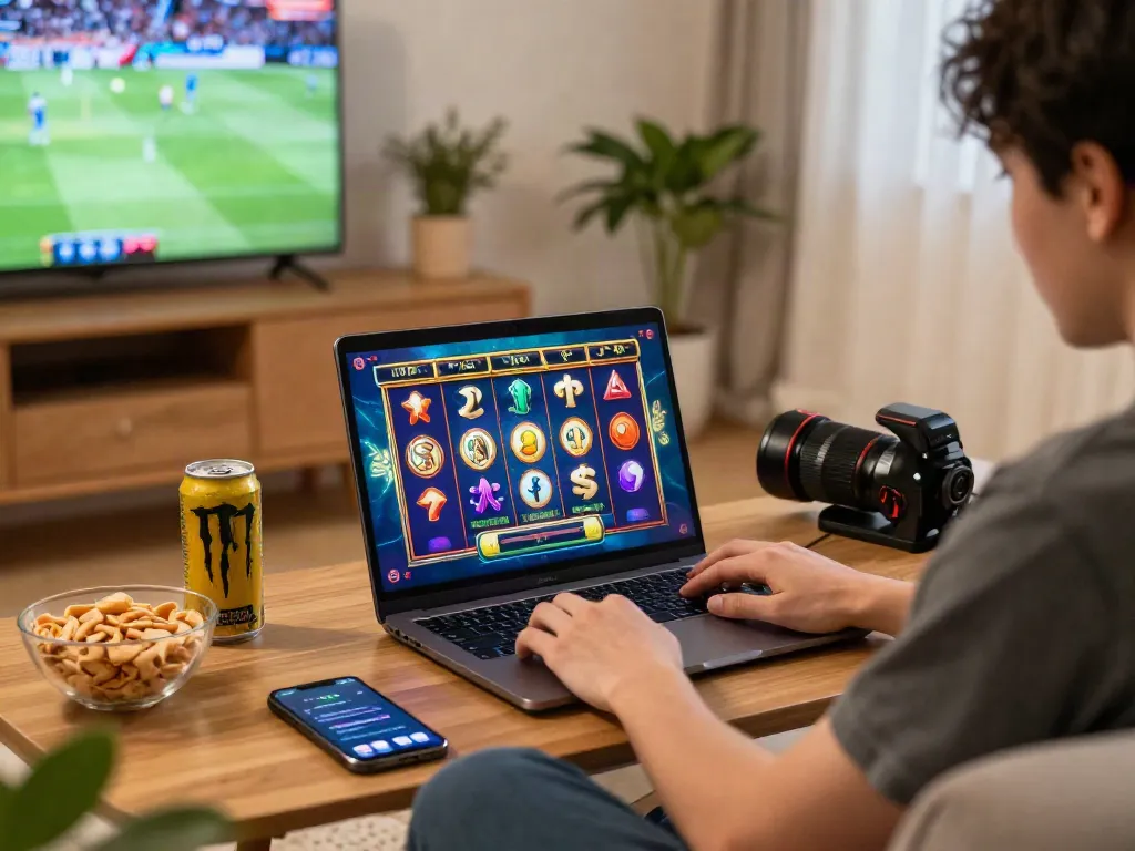 Player enjoying a slot game on a laptop in a cozy living room, highlighting the vibrant gaming experience.