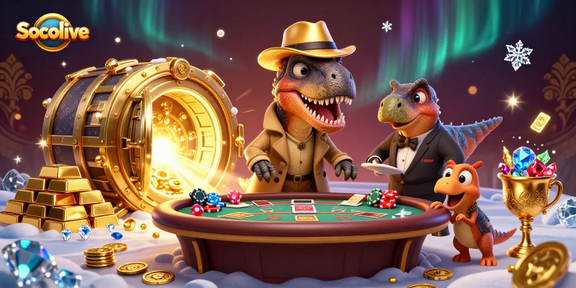 Socolive features a velociraptor card counter at a blackjack table amid dazzling casino treasures.