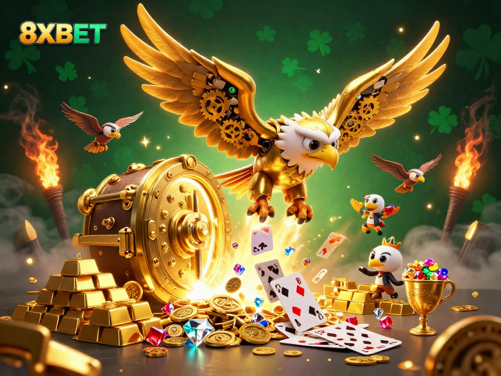 Experience thrilling gameplay with 8XBET as a cybernetic eagle flies through vibrant casino elements.