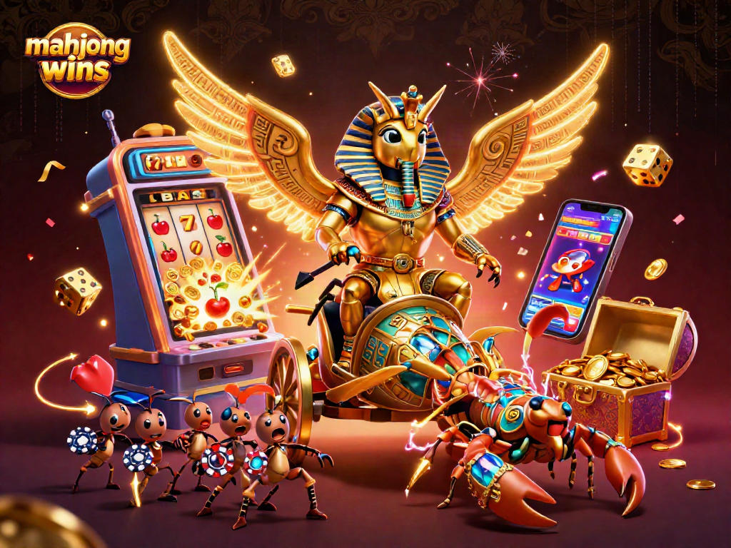 Experience mahjong wins with an action-packed casino scene featuring golden scarabs and dynamic game symbols.