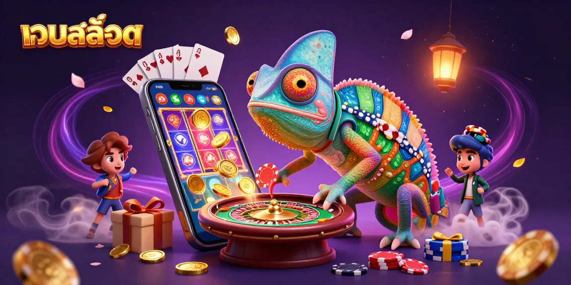 Win big with เว็บสล็อต featuring a vibrant chameleon owner and dynamic gaming elements.