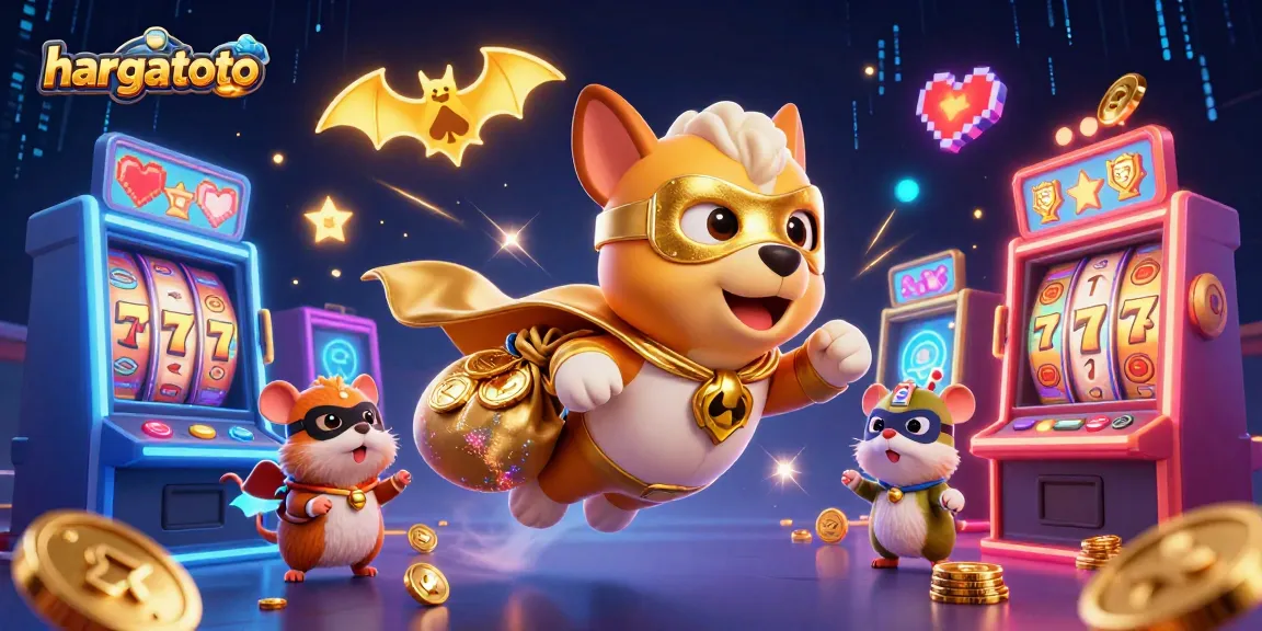 Join the exciting adventures of hargatoto with a superhero dog and hamster collecting coins in a vibrant casino scene.