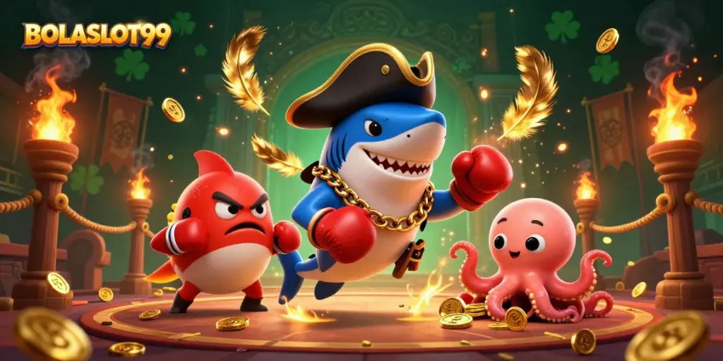 BOLASLOT99 showcases a dynamic gambling scene featuring a pirate shark, a boxer pufferfish, and an octopus with coins in shimmering detail.