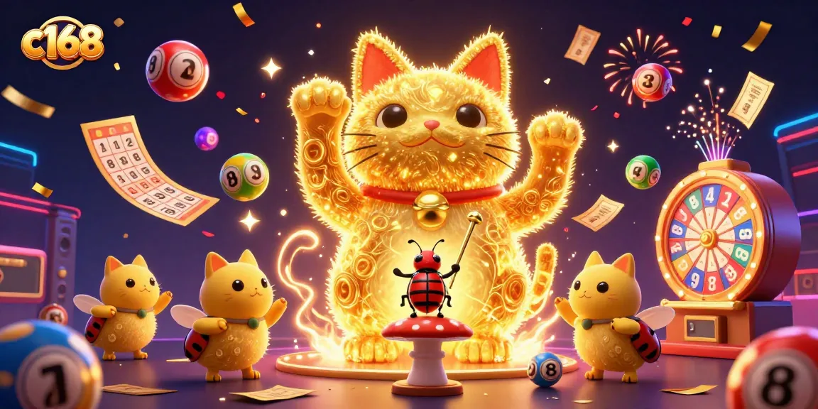 Experience the vibrant casino world with c168's lucky cat illustration surrounded by animated game elements.