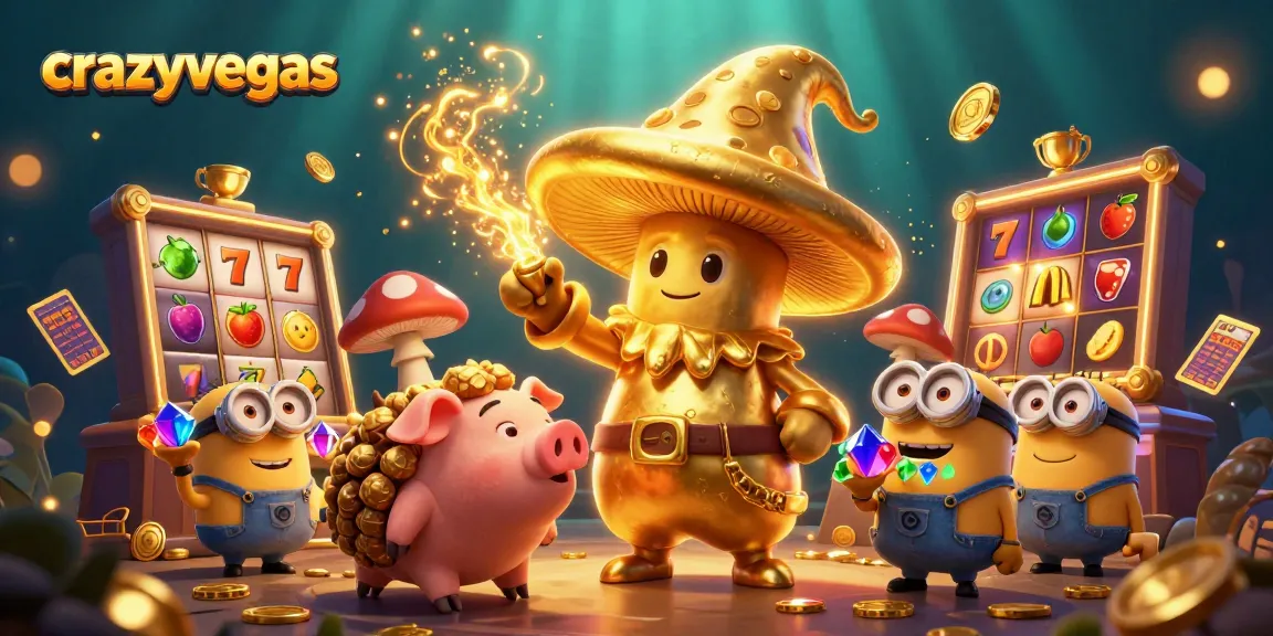 Spin the reels at crazyvegas with golden wizard and treasure-hunting pig amidst dazzling casino elements.