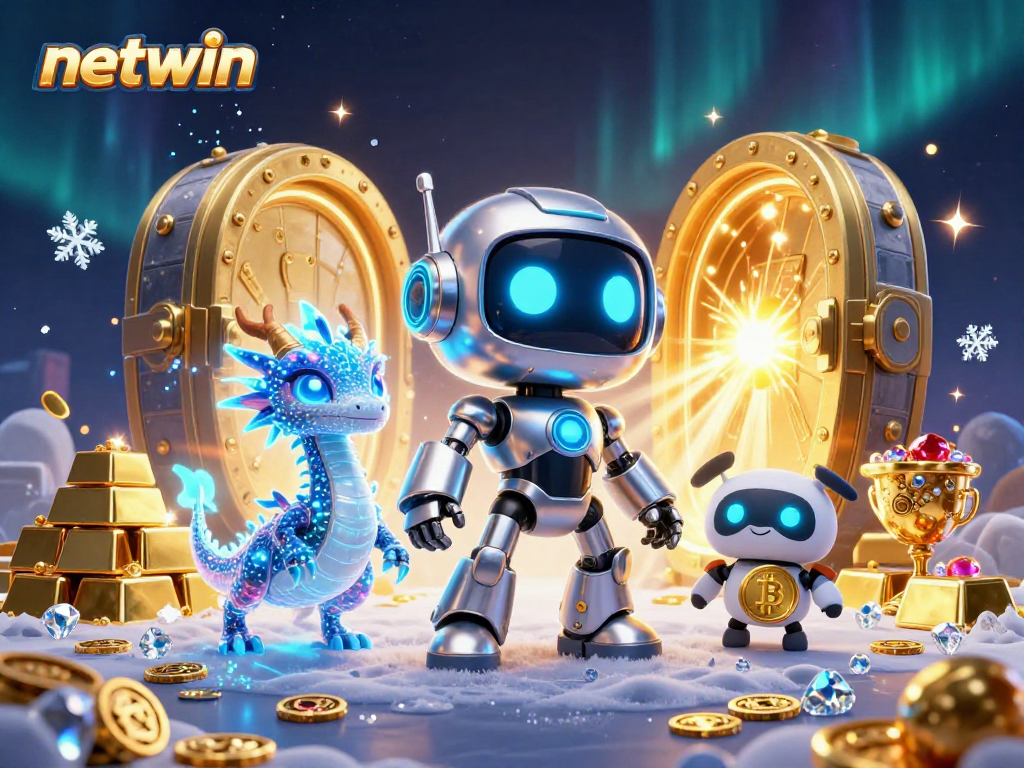 Join the excitement with netwin as the robot mascot and companions celebrate luck and treasure.