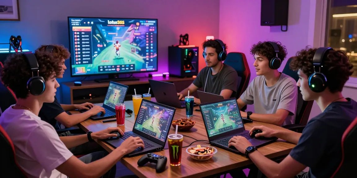 Group of friends gaming together on lotus365 platform in a lively setting.