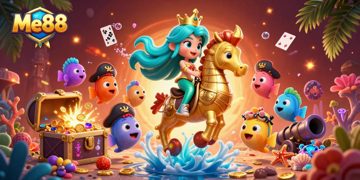 Experience the thrilling underwater world of Me88 with a vibrant 3D illustration featuring a mermaid princess, seahorse, and playful fish in a casino-themed setting.