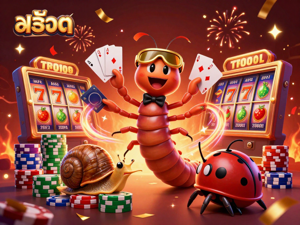 Engage with สล็อต in a vibrant 3D casino scene featuring a unique millipede dealer and high-roller characters.
