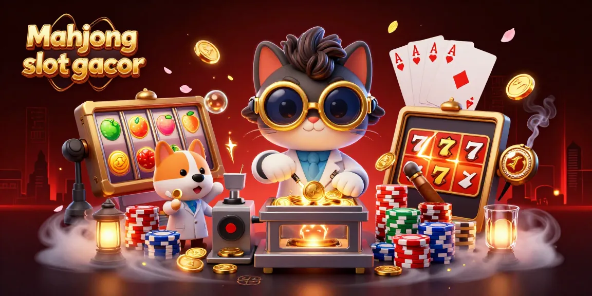 Playing the mahjong slot gacor as a cartoon cat and dog spin fruit-themed reels in a vibrant casino atmosphere.