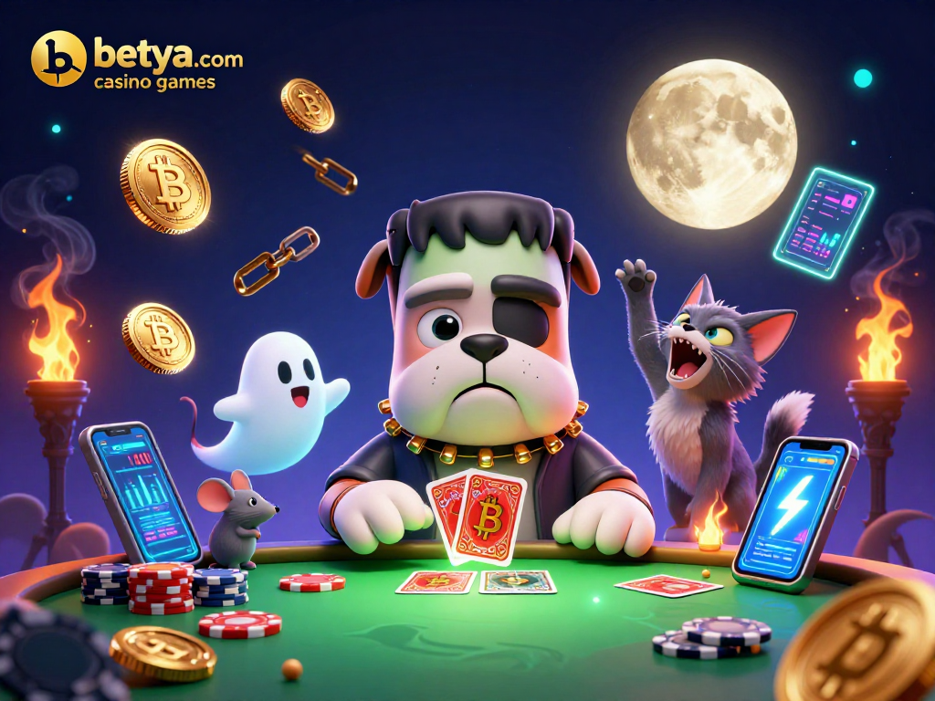 Engage in vibrant betya.com casino games at a mystical table with a Frankenstein bulldog and ghostly elements.